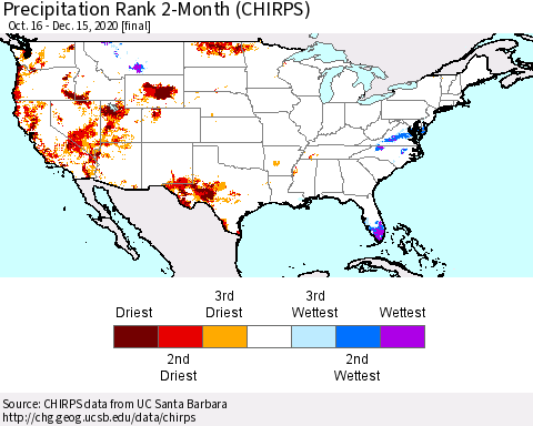 United States Precipitation Rank 2-Month (CHIRPS) Thematic Map For 10/16/2020 - 12/15/2020