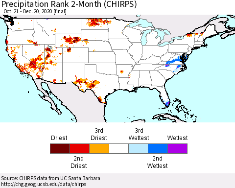 United States Precipitation Rank 2-Month (CHIRPS) Thematic Map For 10/21/2020 - 12/20/2020