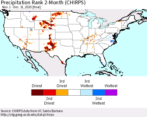 United States Precipitation Rank since 1981, 2-Month (CHIRPS) Thematic Map For 11/1/2020 - 12/31/2020