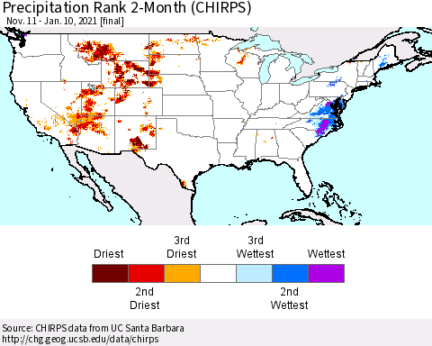 United States Precipitation Rank since 1981, 2-Month (CHIRPS) Thematic Map For 11/11/2020 - 1/10/2021