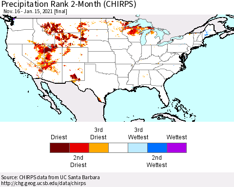 United States Precipitation Rank since 1981, 2-Month (CHIRPS) Thematic Map For 11/16/2020 - 1/15/2021