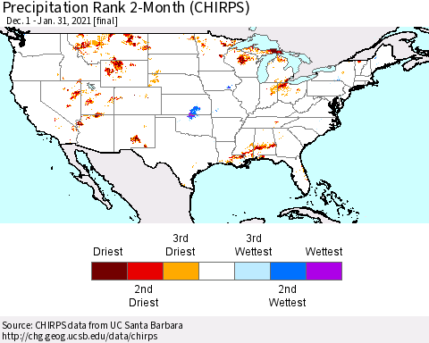 United States Precipitation Rank since 1981, 2-Month (CHIRPS) Thematic Map For 12/1/2020 - 1/31/2021