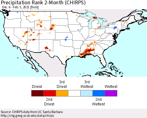 United States Precipitation Rank since 1981, 2-Month (CHIRPS) Thematic Map For 12/6/2020 - 2/5/2021