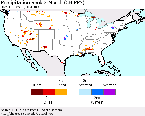 United States Precipitation Rank since 1981, 2-Month (CHIRPS) Thematic Map For 12/11/2020 - 2/10/2021