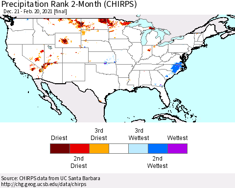 United States Precipitation Rank 2-Month (CHIRPS) Thematic Map For 12/21/2020 - 2/20/2021