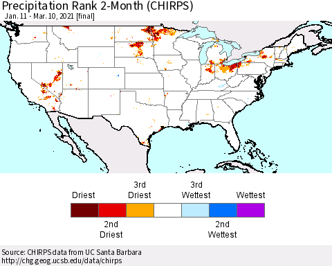 United States Precipitation Rank since 1981, 2-Month (CHIRPS) Thematic Map For 1/11/2021 - 3/10/2021
