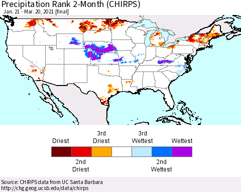 United States Precipitation Rank 2-Month (CHIRPS) Thematic Map For 1/21/2021 - 3/20/2021