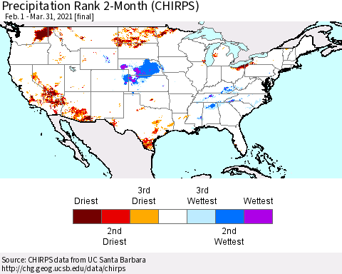 United States Precipitation Rank 2-Month (CHIRPS) Thematic Map For 2/1/2021 - 3/31/2021