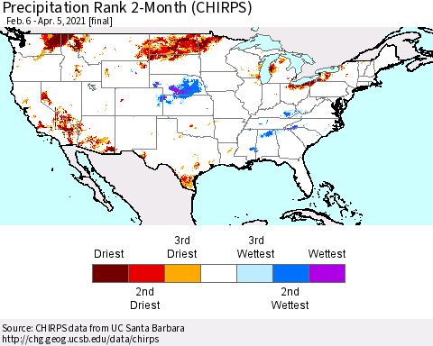 United States Precipitation Rank since 1981, 2-Month (CHIRPS) Thematic Map For 2/6/2021 - 4/5/2021