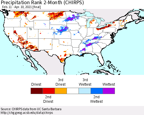 United States Precipitation Rank since 1981, 2-Month (CHIRPS) Thematic Map For 2/11/2021 - 4/10/2021