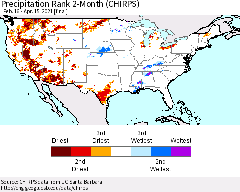 United States Precipitation Rank since 1981, 2-Month (CHIRPS) Thematic Map For 2/16/2021 - 4/15/2021