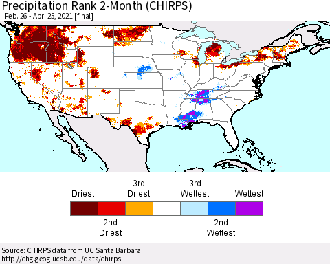 United States Precipitation Rank 2-Month (CHIRPS) Thematic Map For 2/26/2021 - 4/25/2021