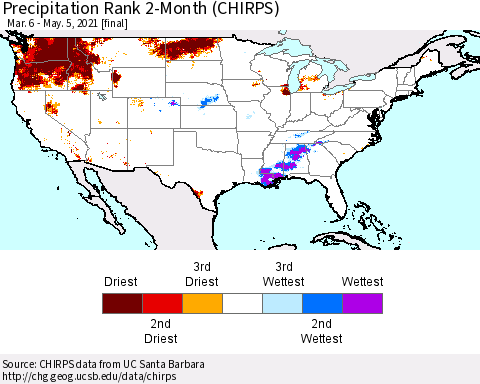 United States Precipitation Rank 2-Month (CHIRPS) Thematic Map For 3/6/2021 - 5/5/2021