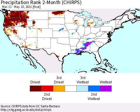 United States Precipitation Rank 2-Month (CHIRPS) Thematic Map For 3/11/2021 - 5/10/2021