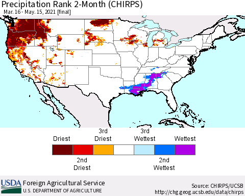 United States Precipitation Rank since 1981, 2-Month (CHIRPS) Thematic Map For 3/16/2021 - 5/15/2021