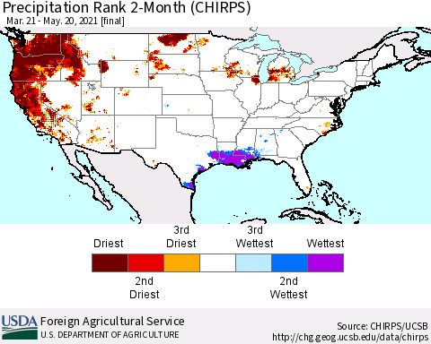 United States Precipitation Rank 2-Month (CHIRPS) Thematic Map For 3/21/2021 - 5/20/2021