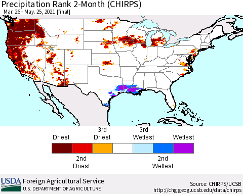 United States Precipitation Rank since 1981, 2-Month (CHIRPS) Thematic Map For 3/26/2021 - 5/25/2021