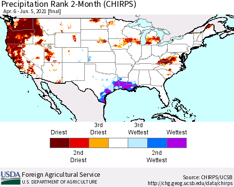 United States Precipitation Rank 2-Month (CHIRPS) Thematic Map For 4/6/2021 - 6/5/2021