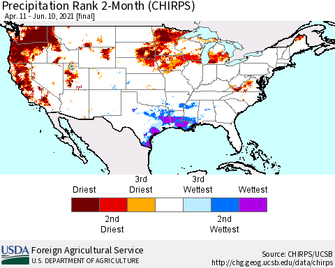 United States Precipitation Rank since 1981, 2-Month (CHIRPS) Thematic Map For 4/11/2021 - 6/10/2021