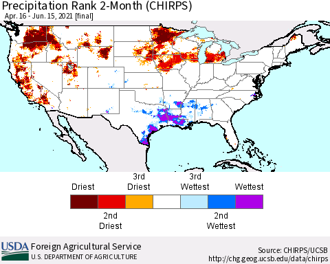 United States Precipitation Rank since 1981, 2-Month (CHIRPS) Thematic Map For 4/16/2021 - 6/15/2021