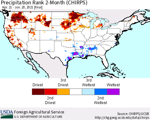 United States Precipitation Rank since 1981, 2-Month (CHIRPS) Thematic Map For 4/21/2021 - 6/20/2021