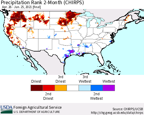 United States Precipitation Rank since 1981, 2-Month (CHIRPS) Thematic Map For 4/26/2021 - 6/25/2021