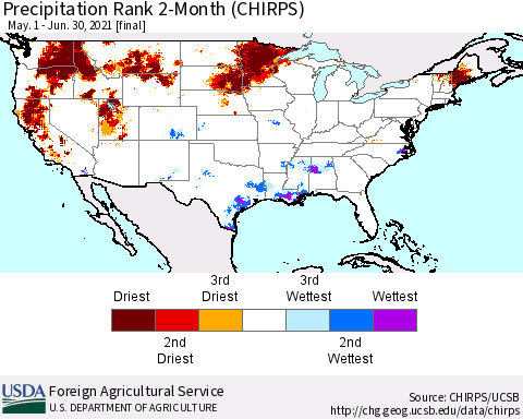 United States Precipitation Rank since 1981, 2-Month (CHIRPS) Thematic Map For 5/1/2021 - 6/30/2021