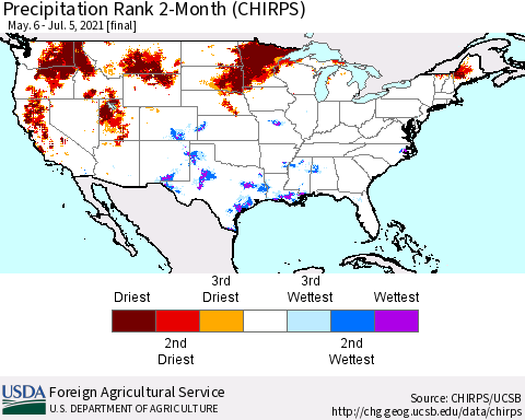 United States Precipitation Rank since 1981, 2-Month (CHIRPS) Thematic Map For 5/6/2021 - 7/5/2021