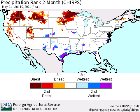 United States Precipitation Rank since 1981, 2-Month (CHIRPS) Thematic Map For 5/11/2021 - 7/10/2021