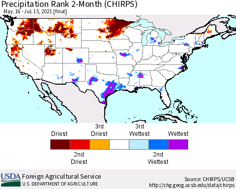 United States Precipitation Rank 2-Month (CHIRPS) Thematic Map For 5/16/2021 - 7/15/2021