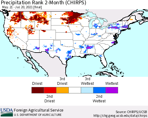 United States Precipitation Rank since 1981, 2-Month (CHIRPS) Thematic Map For 5/21/2021 - 7/20/2021