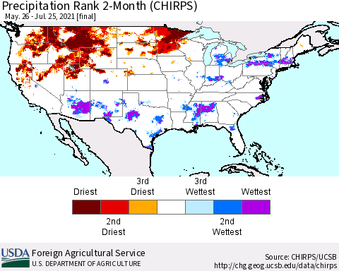 United States Precipitation Rank since 1981, 2-Month (CHIRPS) Thematic Map For 5/26/2021 - 7/25/2021