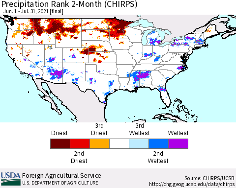 United States Precipitation Rank since 1981, 2-Month (CHIRPS) Thematic Map For 6/1/2021 - 7/31/2021