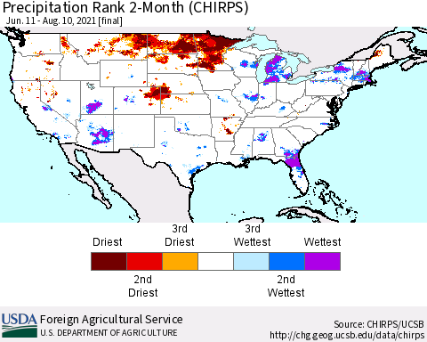 United States Precipitation Rank since 1981, 2-Month (CHIRPS) Thematic Map For 6/11/2021 - 8/10/2021