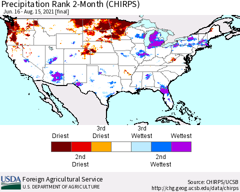 United States Precipitation Rank since 1981, 2-Month (CHIRPS) Thematic Map For 6/16/2021 - 8/15/2021