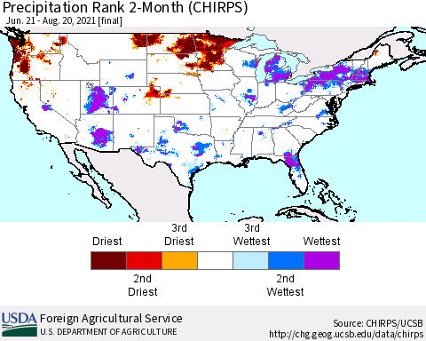 United States Precipitation Rank since 1981, 2-Month (CHIRPS) Thematic Map For 6/21/2021 - 8/20/2021