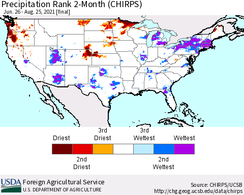 United States Precipitation Rank since 1981, 2-Month (CHIRPS) Thematic Map For 6/26/2021 - 8/25/2021