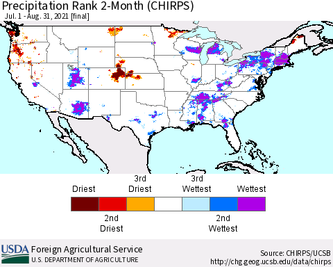 United States Precipitation Rank since 1981, 2-Month (CHIRPS) Thematic Map For 7/1/2021 - 8/31/2021