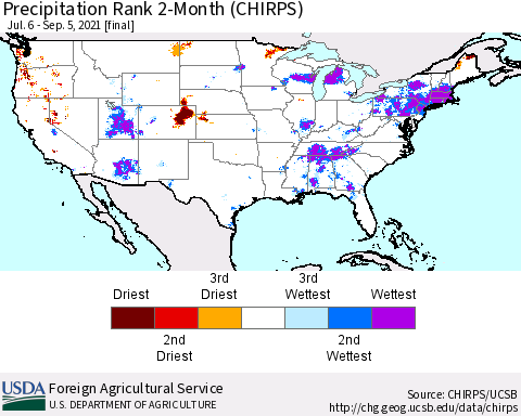 United States Precipitation Rank since 1981, 2-Month (CHIRPS) Thematic Map For 7/6/2021 - 9/5/2021