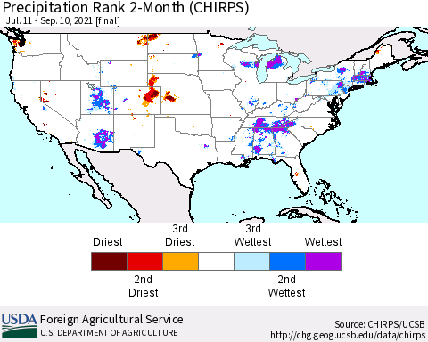 United States Precipitation Rank since 1981, 2-Month (CHIRPS) Thematic Map For 7/11/2021 - 9/10/2021