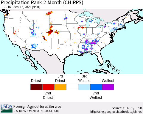 United States Precipitation Rank 2-Month (CHIRPS) Thematic Map For 7/16/2021 - 9/15/2021