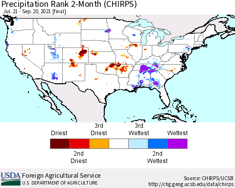 United States Precipitation Rank since 1981, 2-Month (CHIRPS) Thematic Map For 7/21/2021 - 9/20/2021