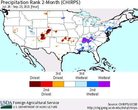 United States Precipitation Rank since 1981, 2-Month (CHIRPS) Thematic Map For 7/26/2021 - 9/25/2021
