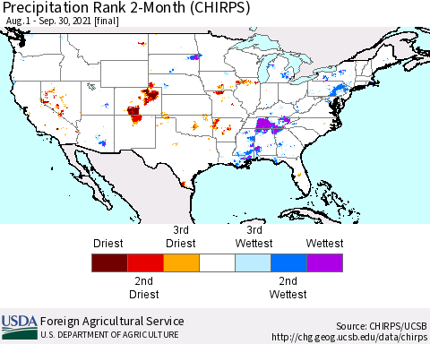 United States Precipitation Rank since 1981, 2-Month (CHIRPS) Thematic Map For 8/1/2021 - 9/30/2021