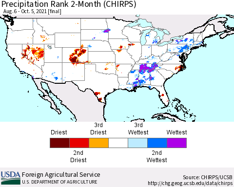 United States Precipitation Rank 2-Month (CHIRPS) Thematic Map For 8/6/2021 - 10/5/2021