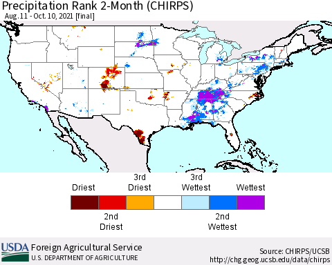 United States Precipitation Rank since 1981, 2-Month (CHIRPS) Thematic Map For 8/11/2021 - 10/10/2021