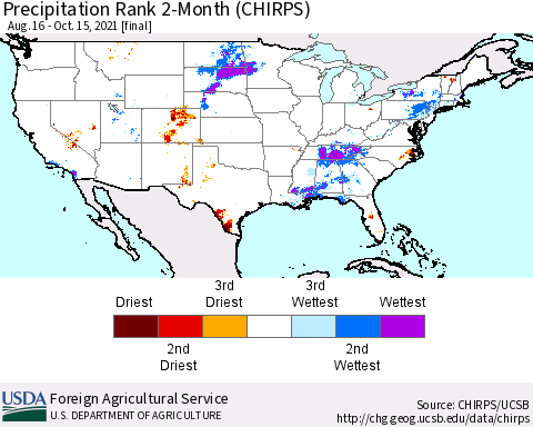 United States Precipitation Rank 2-Month (CHIRPS) Thematic Map For 8/16/2021 - 10/15/2021