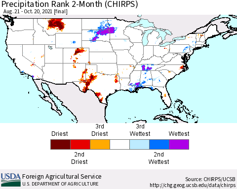 United States Precipitation Rank since 1981, 2-Month (CHIRPS) Thematic Map For 8/21/2021 - 10/20/2021