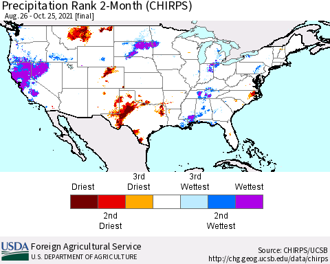 United States Precipitation Rank 2-Month (CHIRPS) Thematic Map For 8/26/2021 - 10/25/2021