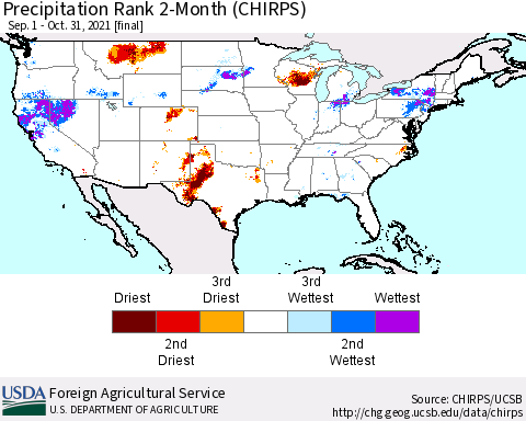 United States Precipitation Rank since 1981, 2-Month (CHIRPS) Thematic Map For 9/1/2021 - 10/31/2021